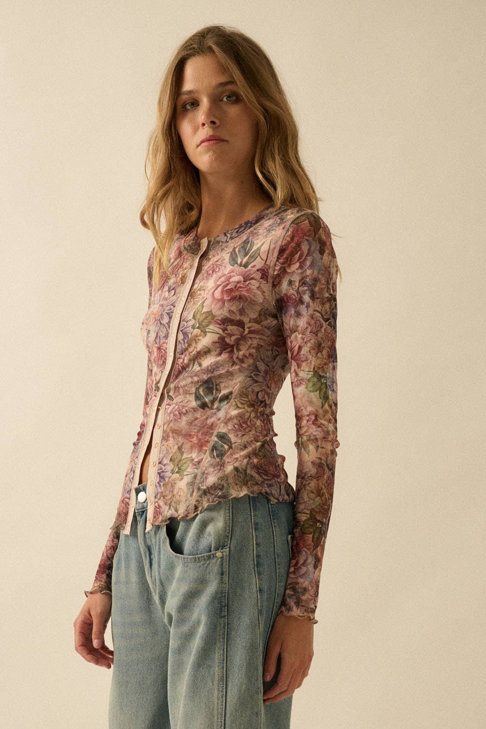 Floral-Print Mesh Snap-Front Long-Sleeve Top