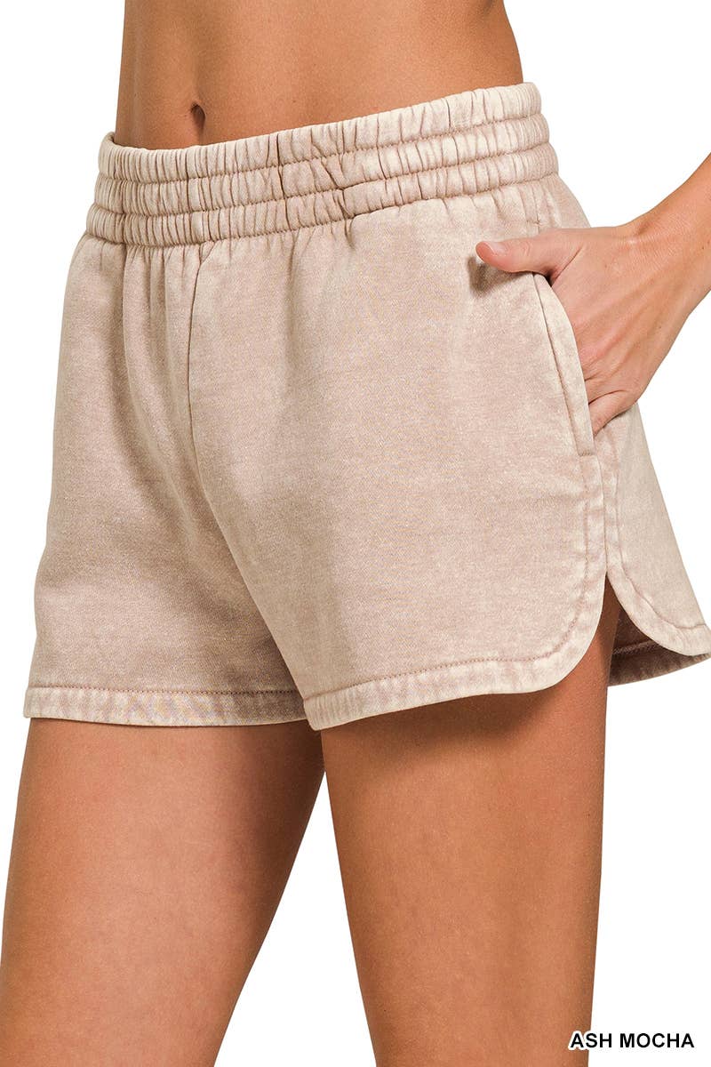 .Acid Wash Elastic Waistband Fleece Shorts