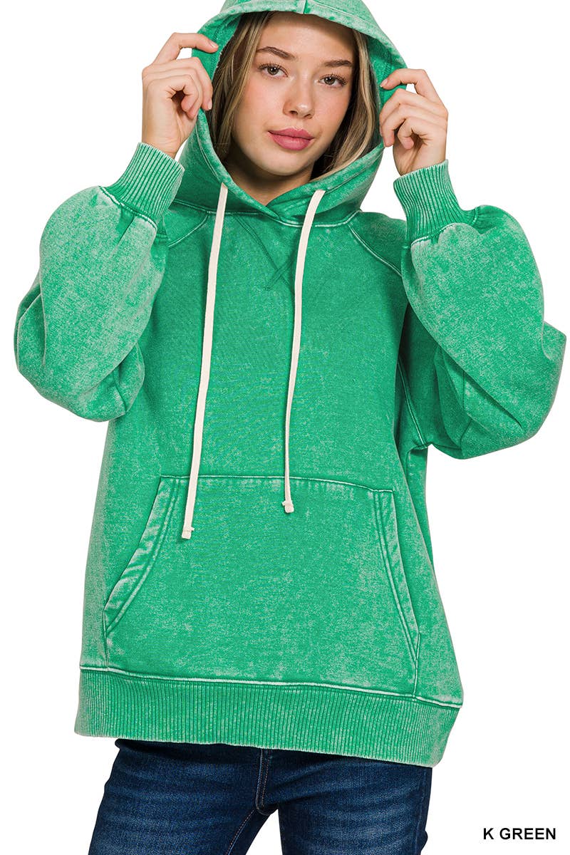 Acid Wash Fleece Hoodie With Pockets