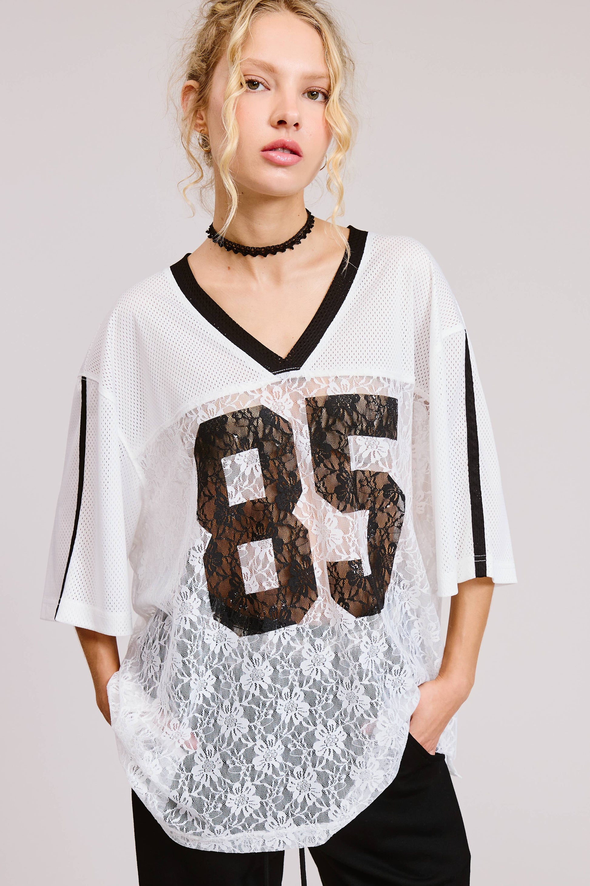 85 Graphic Jersey Top with Lace Contrast
