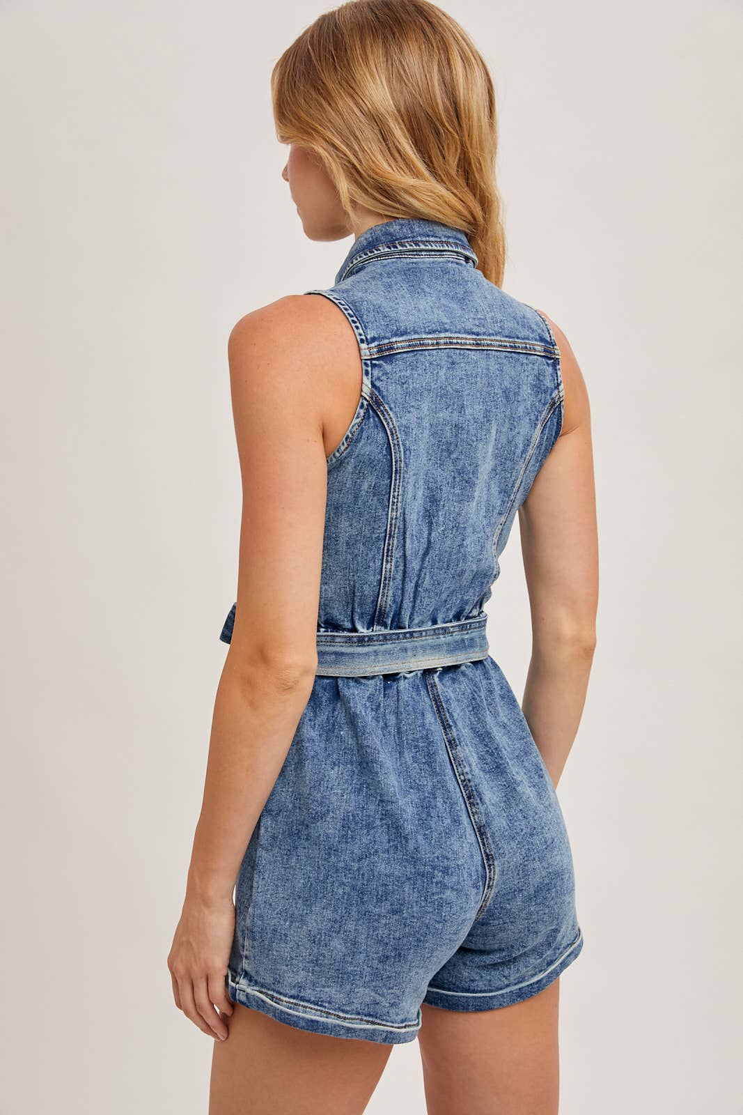 SLEEVELESS BUTTON DOWN BELTED DENIM ROMPER