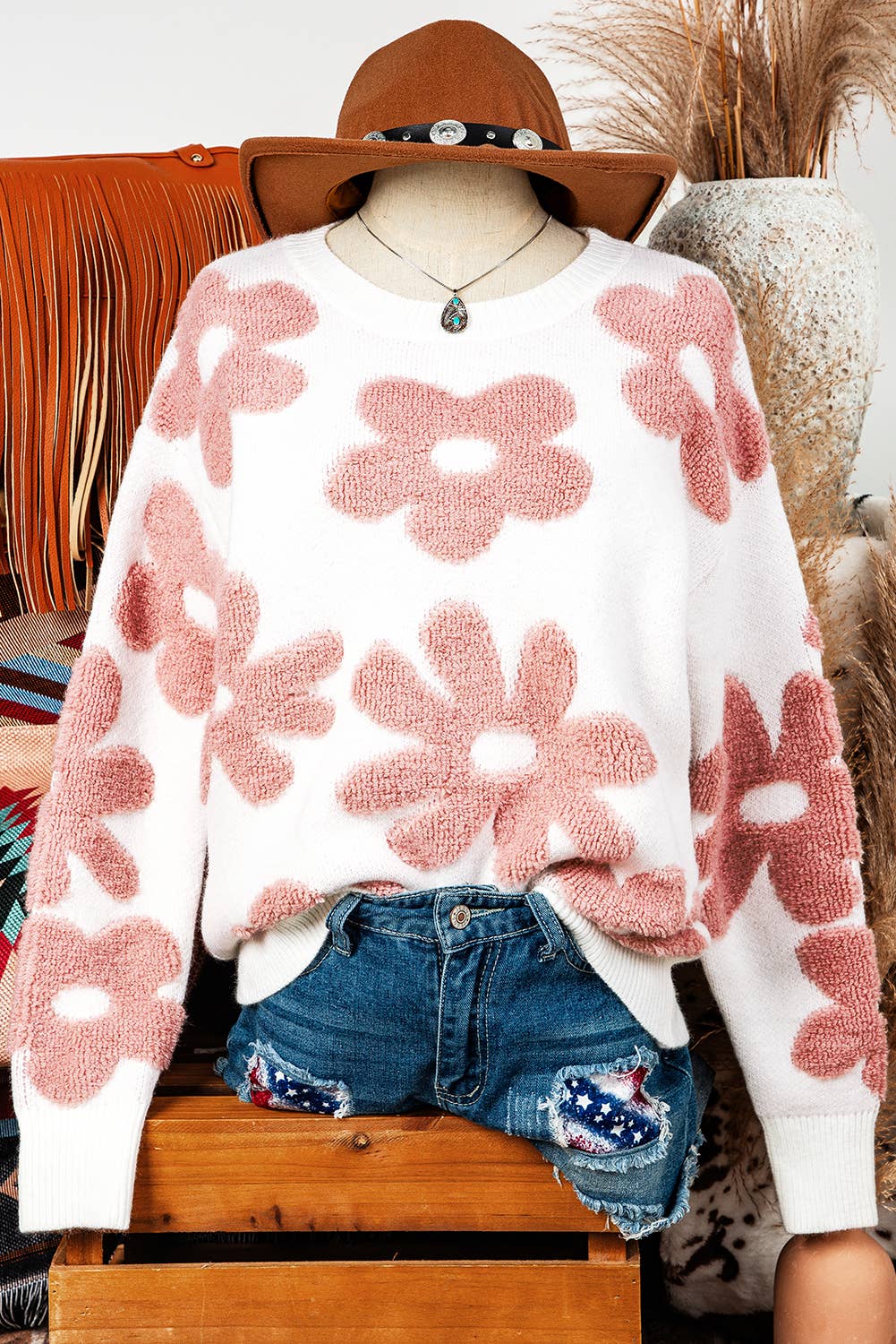 Fashion Fall Texture Flower Drop Shoulder Loose Sweater