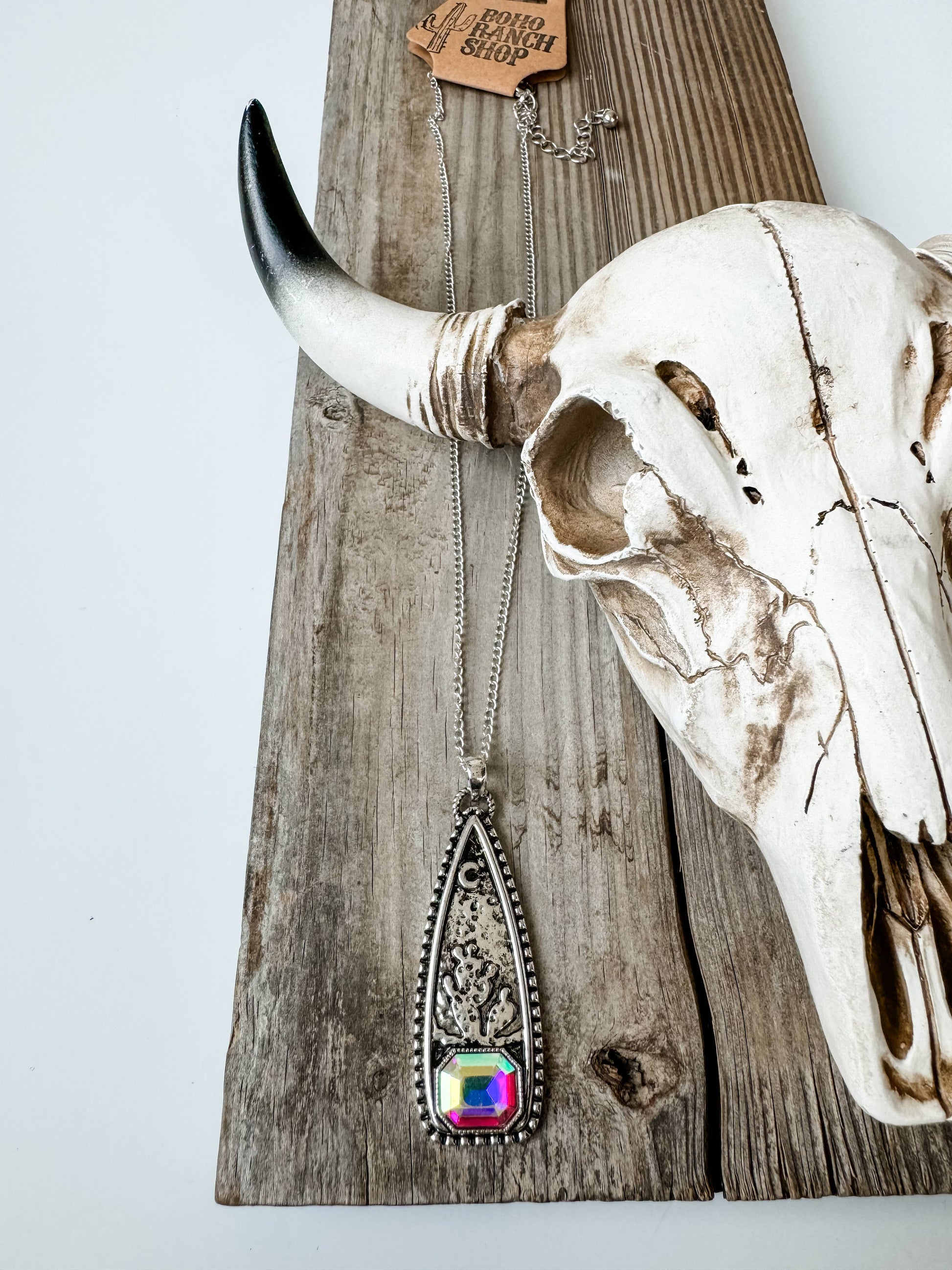 Western Cactus Pendant Rhinestone Necklace