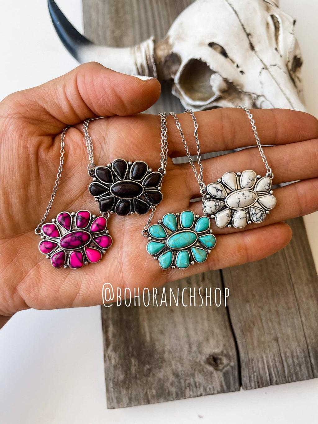 Semi Stone Concho Squash Blossom Pendant Necklace - Small