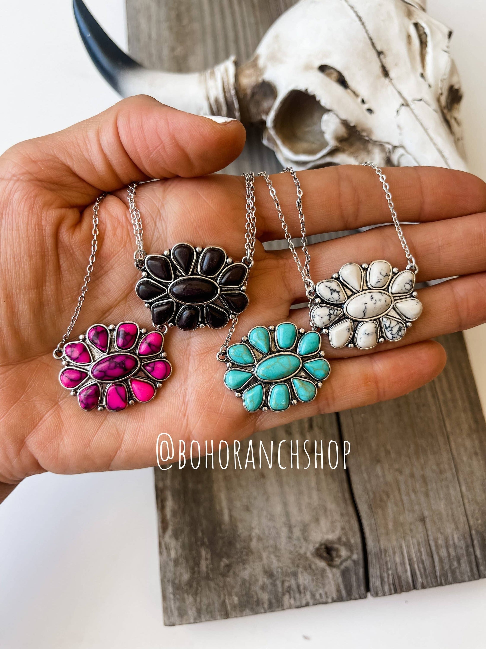 Semi Stone Concho Squash Blossom Pendant Necklace - Small