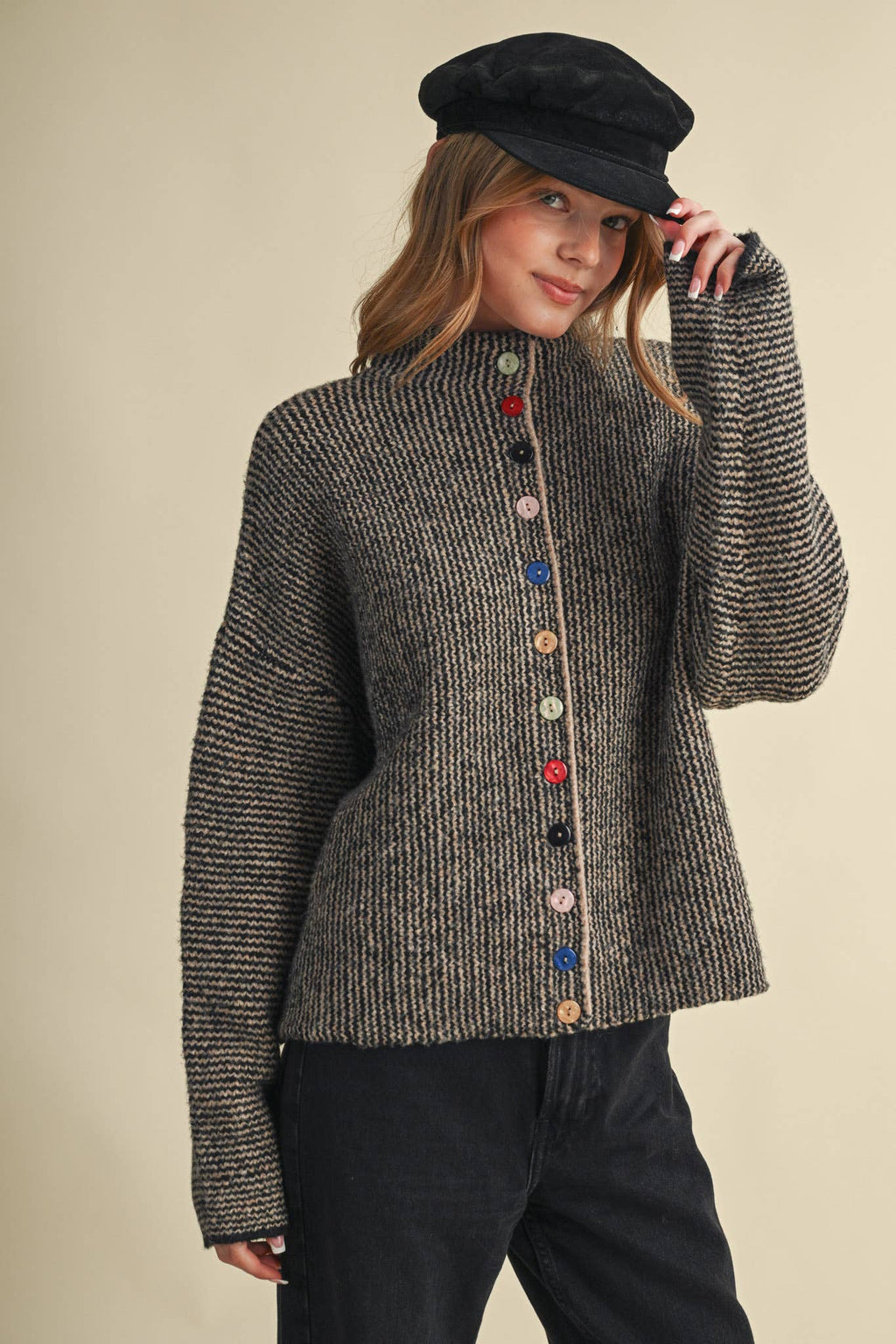 STRIPED SWEATER CARDIGAN WITH COLORFUL BUTTONS