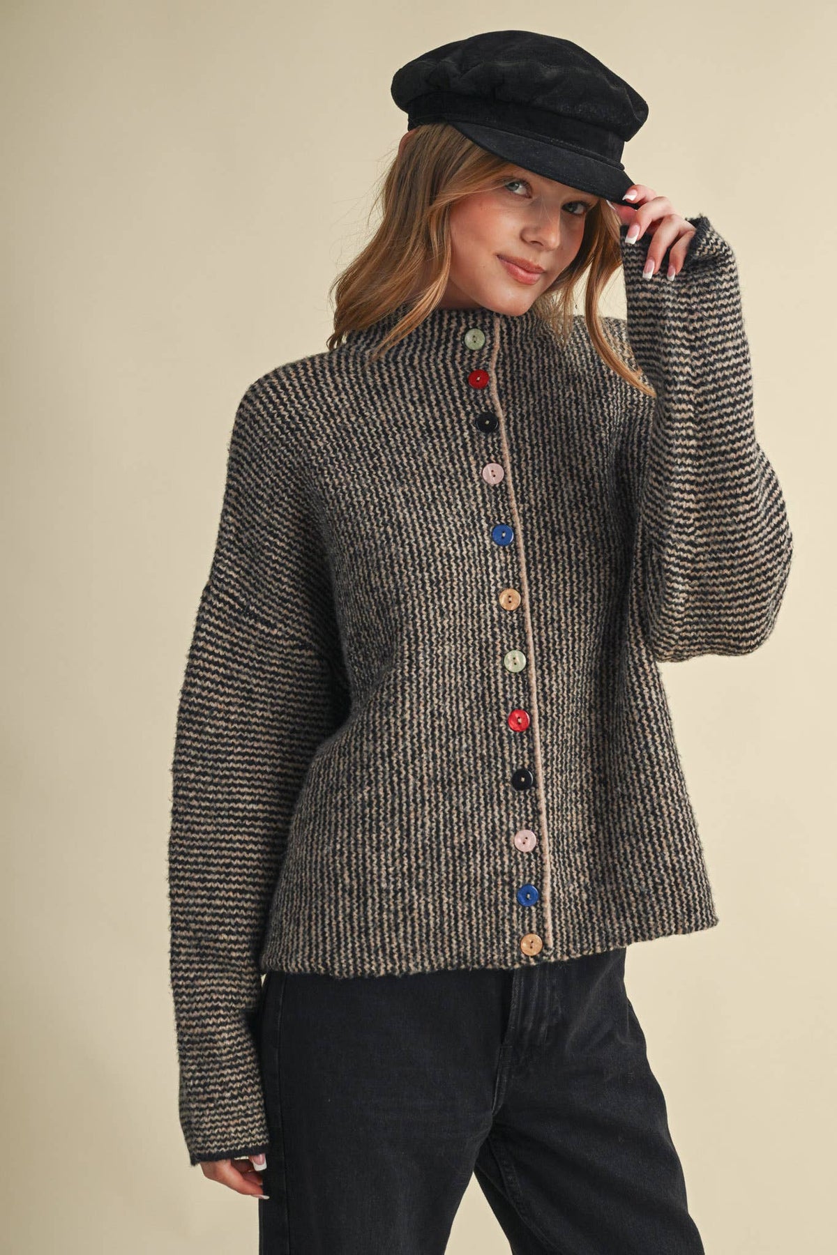 STRIPED SWEATER CARDIGAN WITH COLORFUL BUTTONS