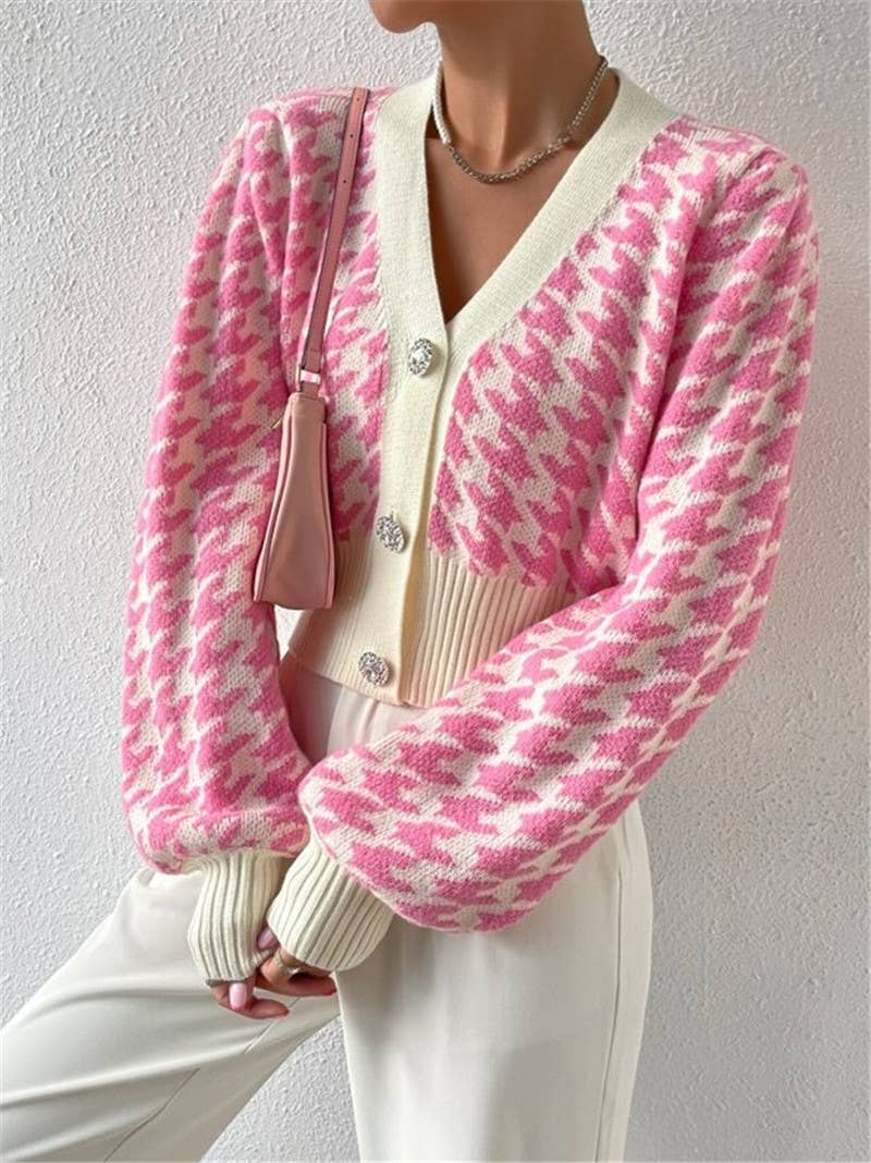 Houndstooth v-neck cropped knit Cardigan