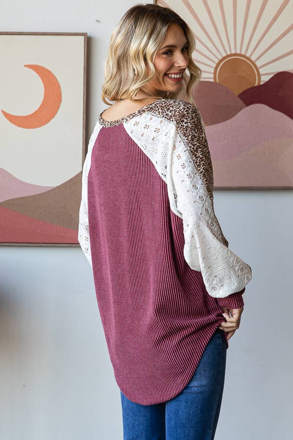 Color Block Animal Contrast Button Front Pullover Top