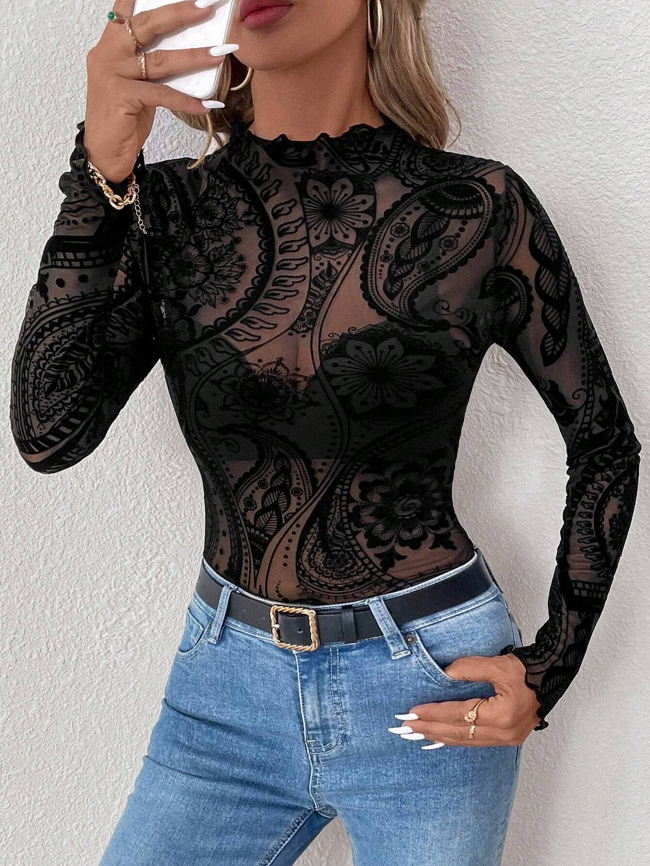 Paisley Velvet Print Mesh Top