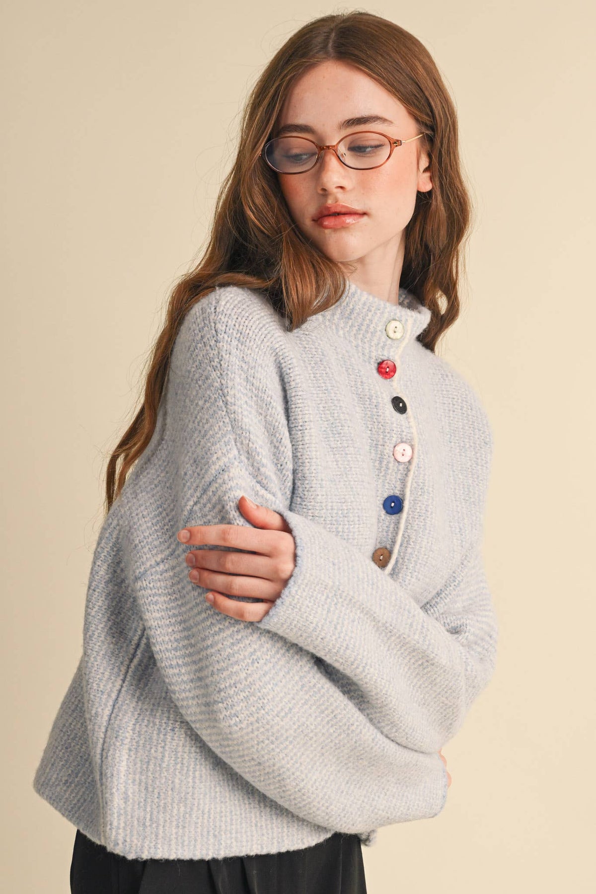 STRIPED SWEATER CARDIGAN WITH COLORFUL BUTTONS