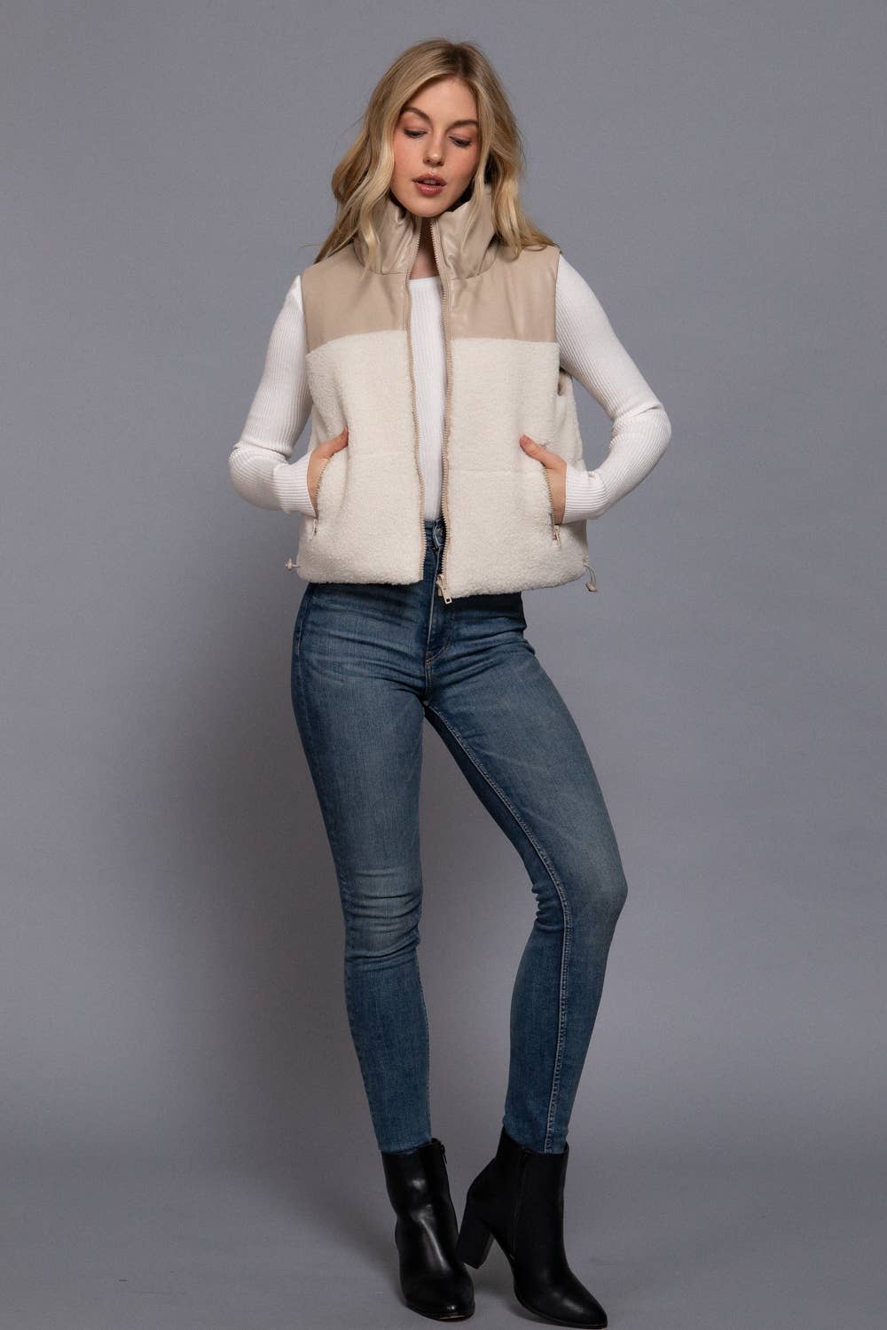 Reversible Faux Leather-Sherpa Contrast Padding Crop Vest