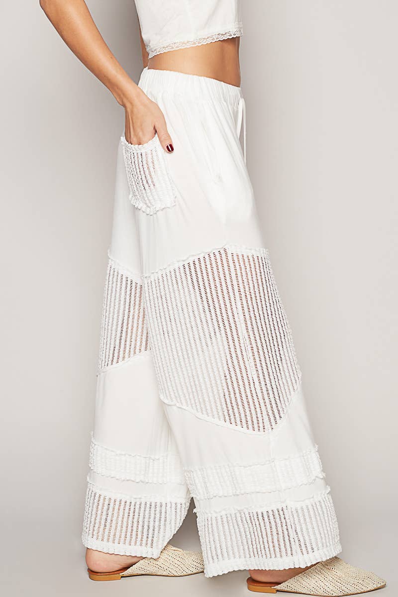 Contrast see through elastic waist knit culottes pants