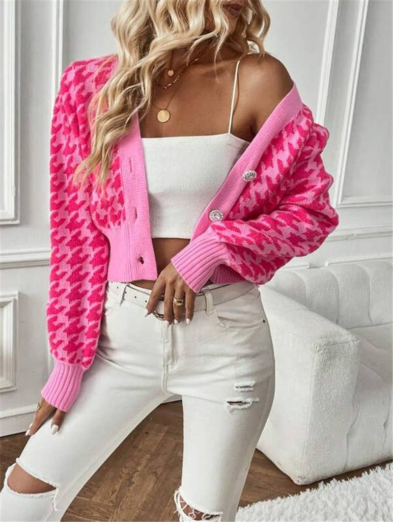 Houndstooth v-neck cropped knit Cardigan