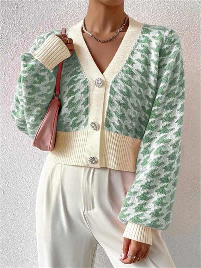 Houndstooth v-neck cropped knit Cardigan