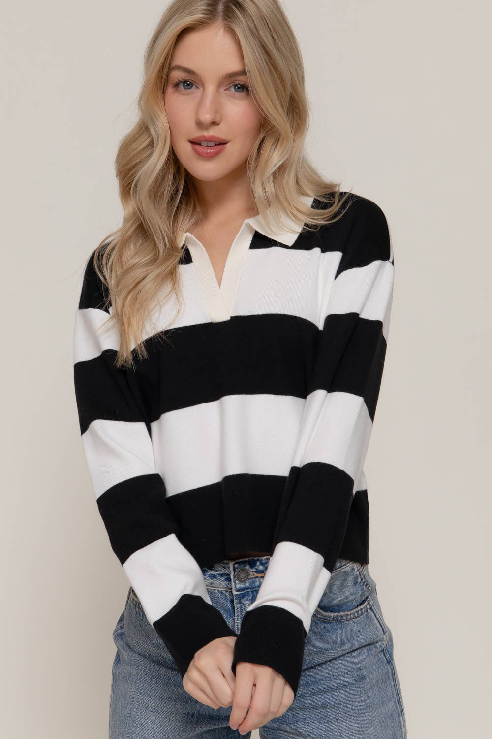 Long Sleeve Rugby Stripe Polo Swaeter