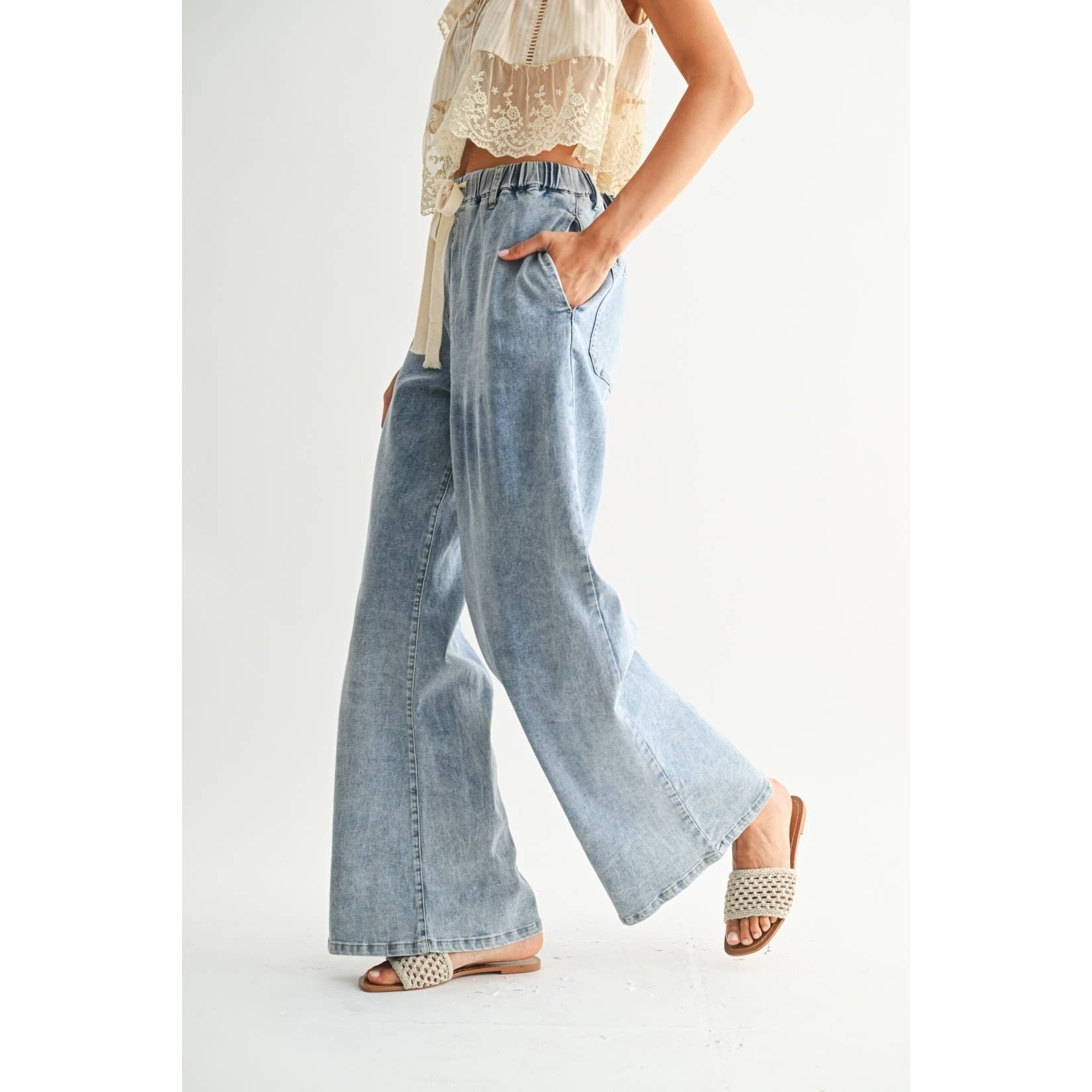 Wide-leg Denim Trousers With Twill Tape Drawstring