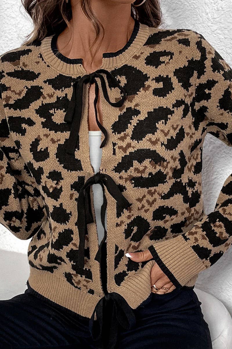 LEOPARD PRINT BOW TIE KNITTED SWEATER CARDIGAN