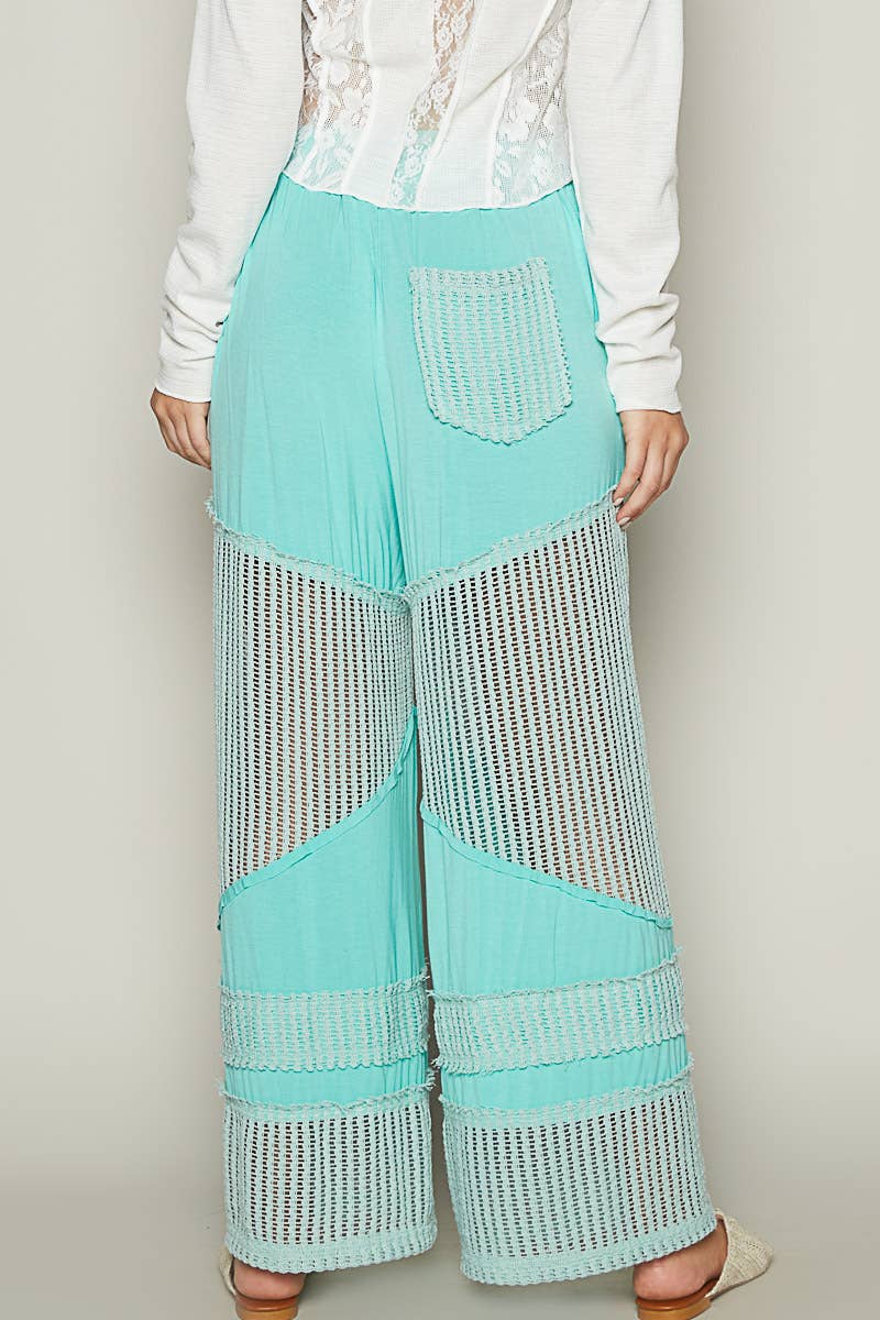 Contrast see through elastic waist knit culottes pants