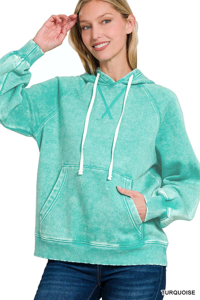Acid Wash Fleece Hoodie With Pockets