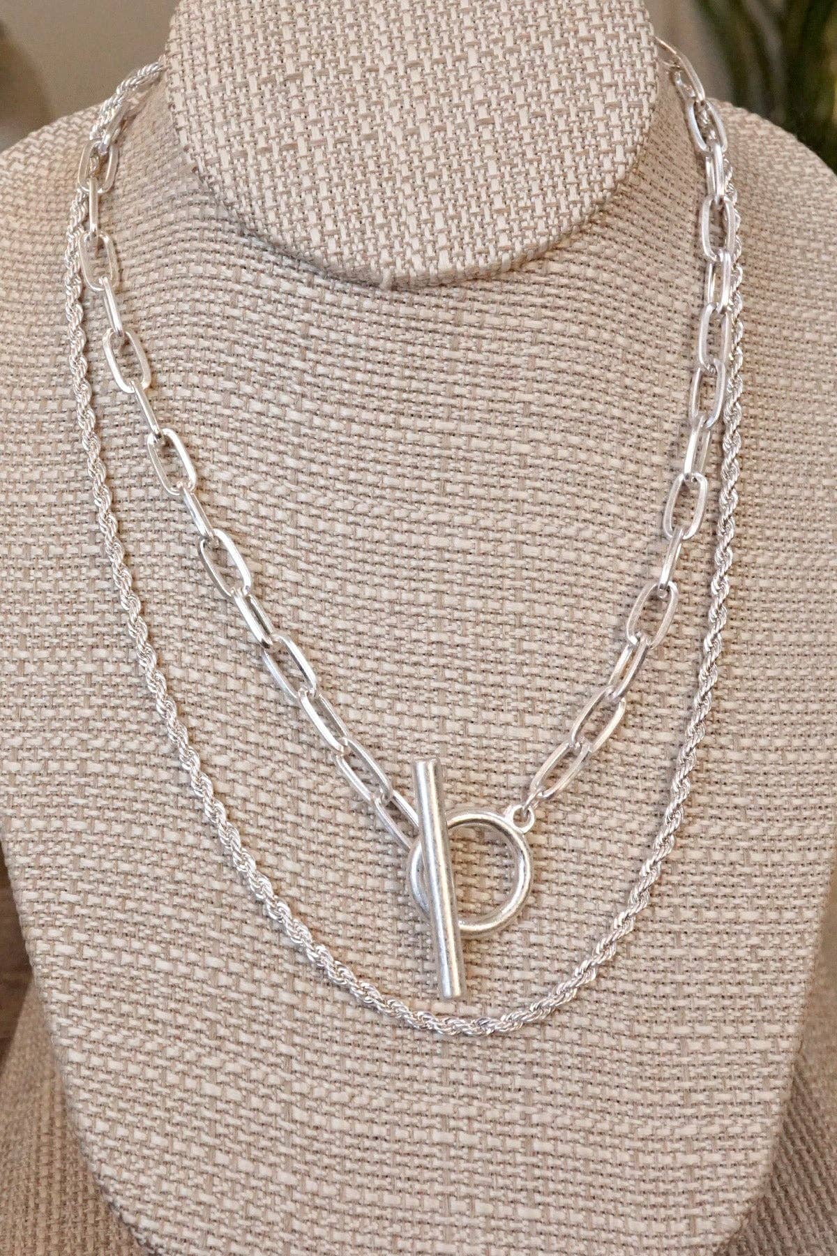 Front Toggle Closure Necklace Multi Layer Chain in Silver Tone