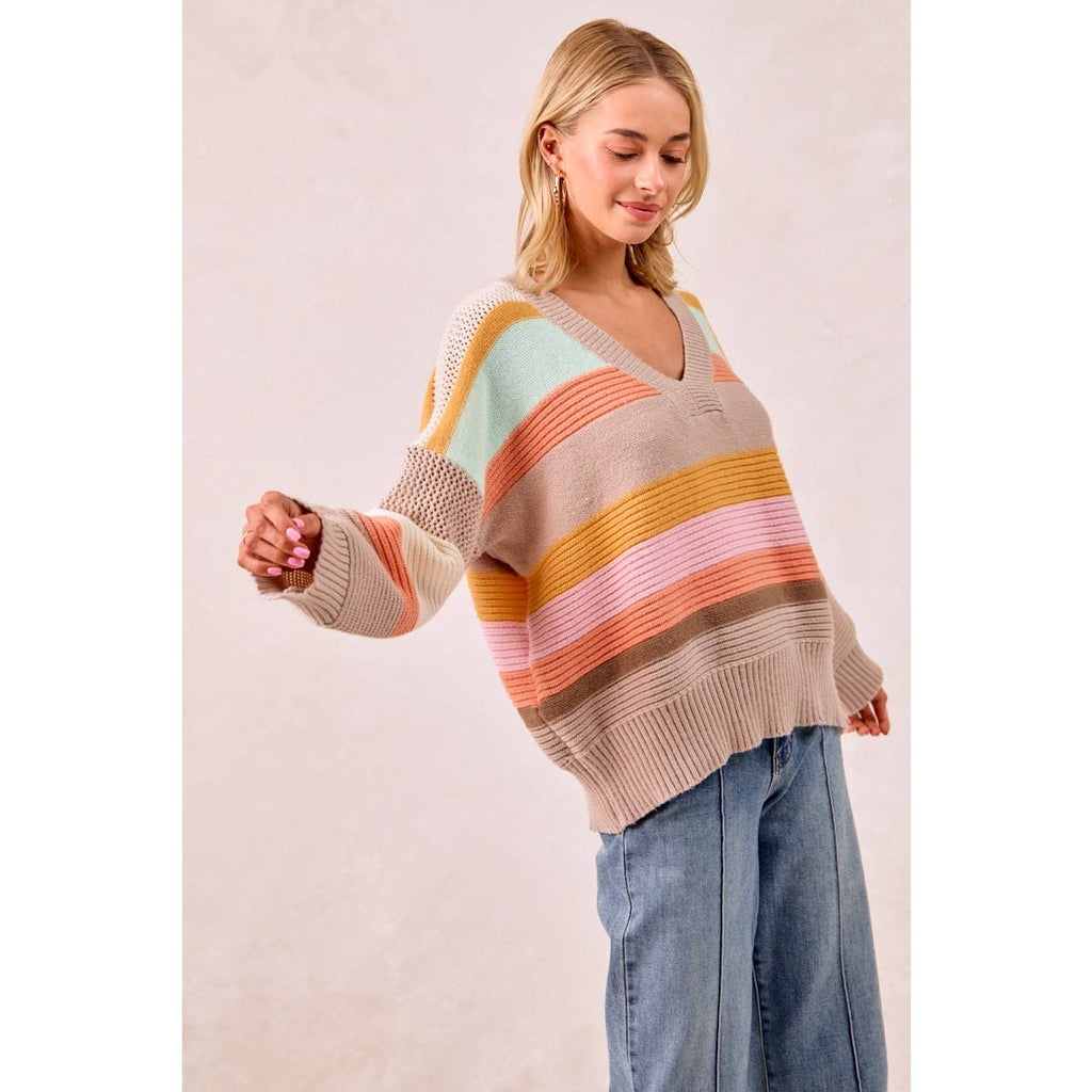 MULTI COLORS STRIPES RIB BANDED V-NECK SWEATER TOP