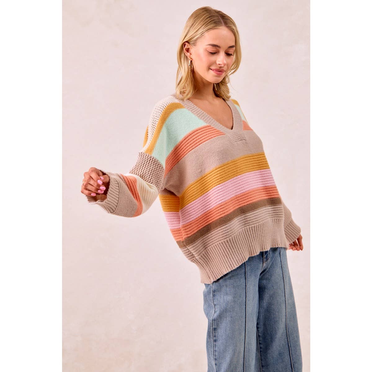 MULTI COLORS STRIPES RIB BANDED V-NECK SWEATER TOP