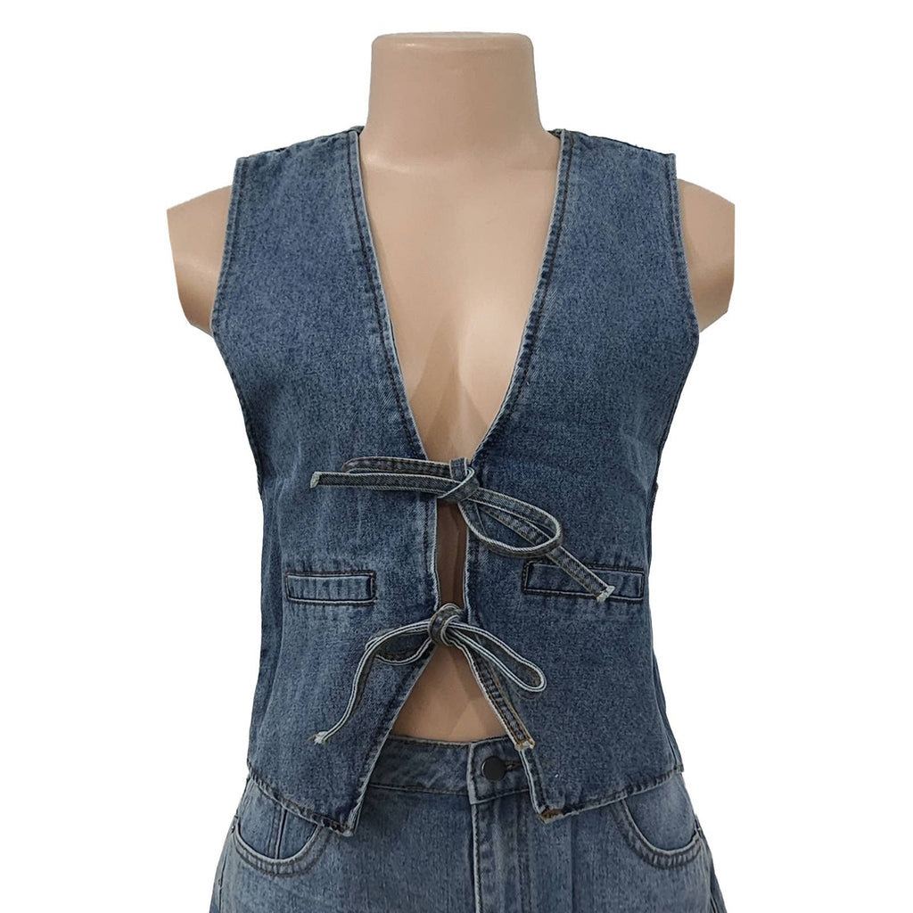 Front bow tie v-neck Denim vest