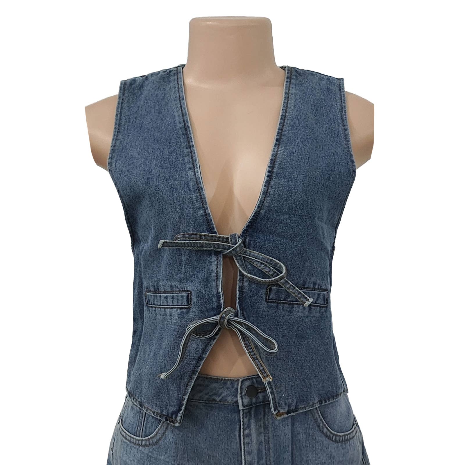 Front bow tie v-neck Denim vest