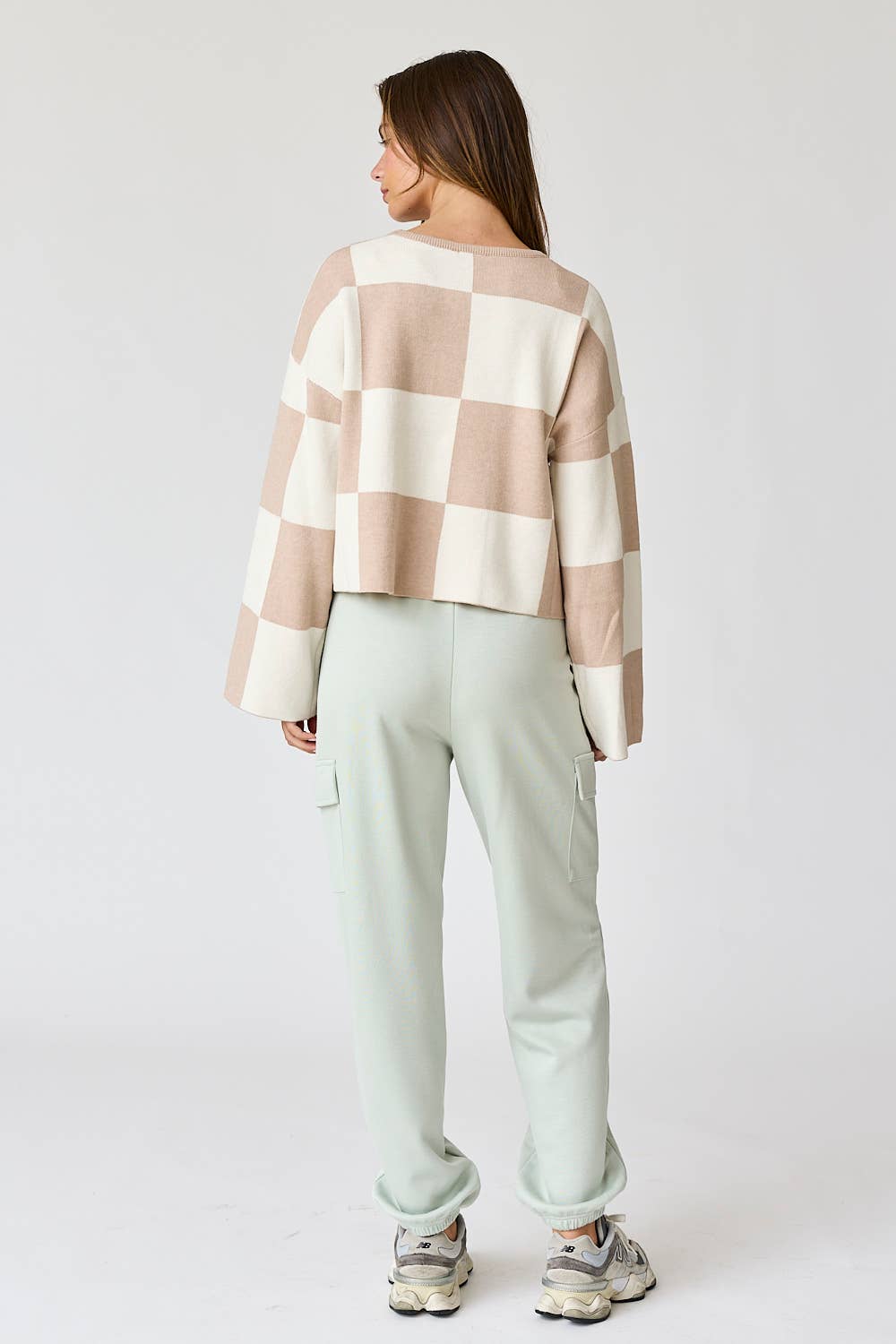 Sarah Round Neck Checkered LS Top