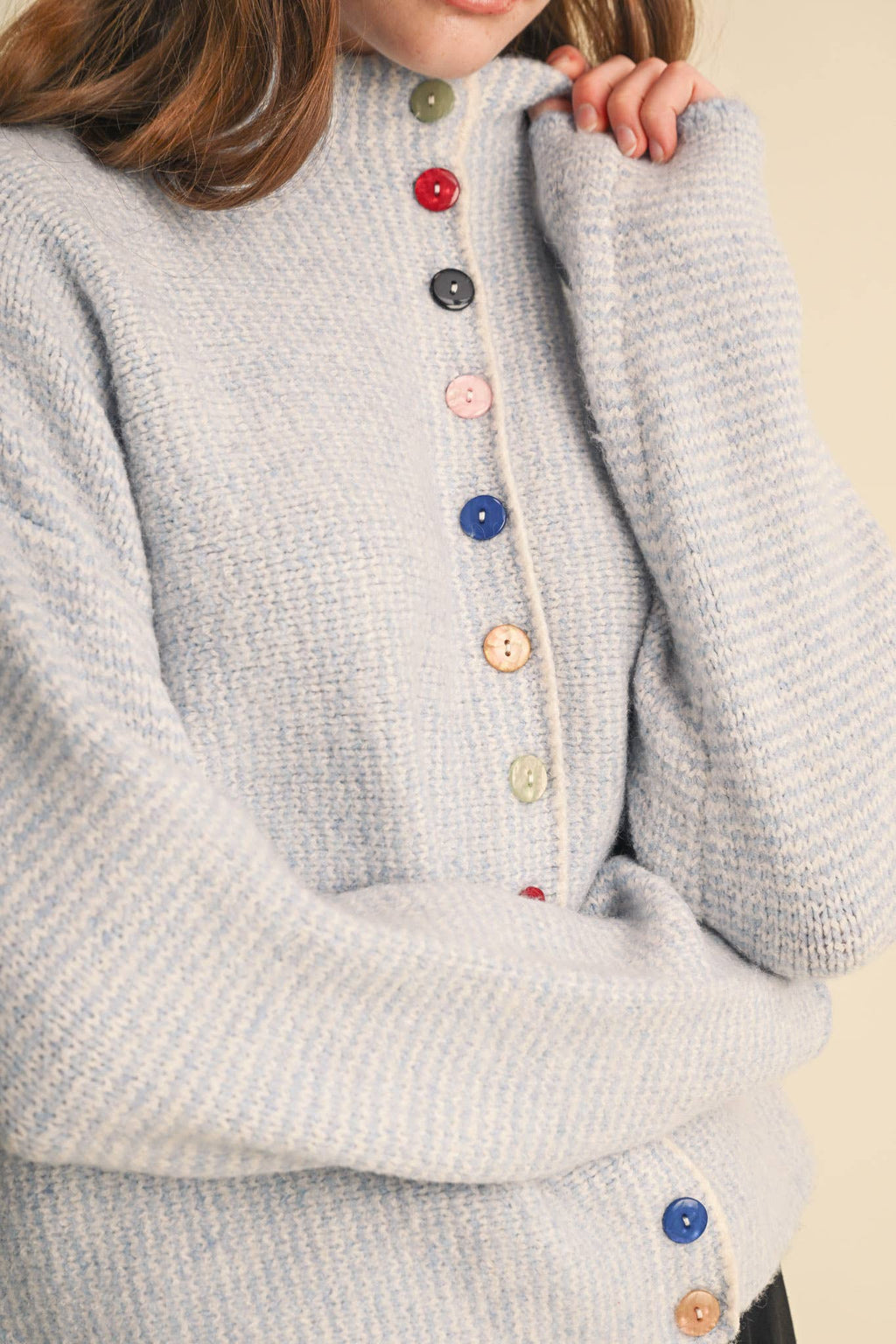 STRIPED SWEATER CARDIGAN WITH COLORFUL BUTTONS