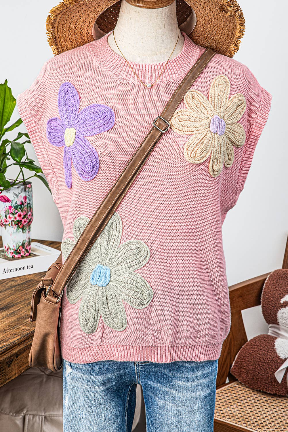 Fashion-W Crochet Flower Knit Short Sleeve Sweater Tops