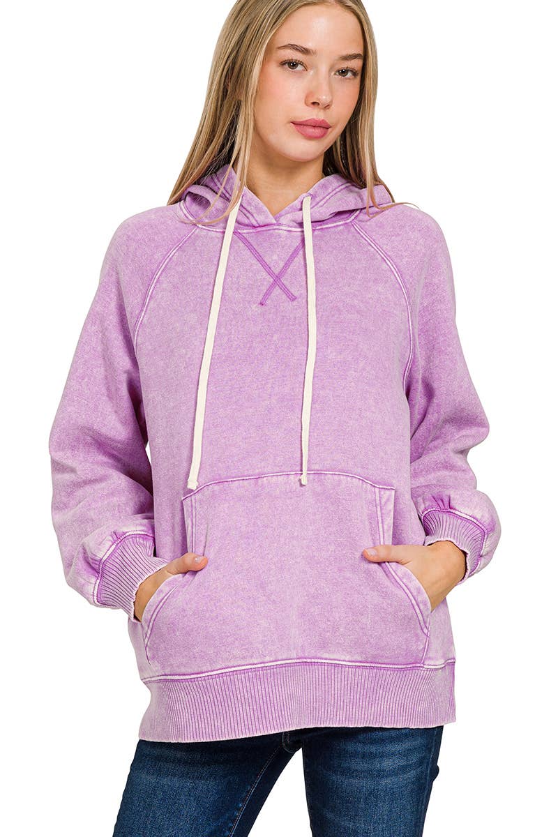 Acid Wash Fleece Hoodie With Pockets