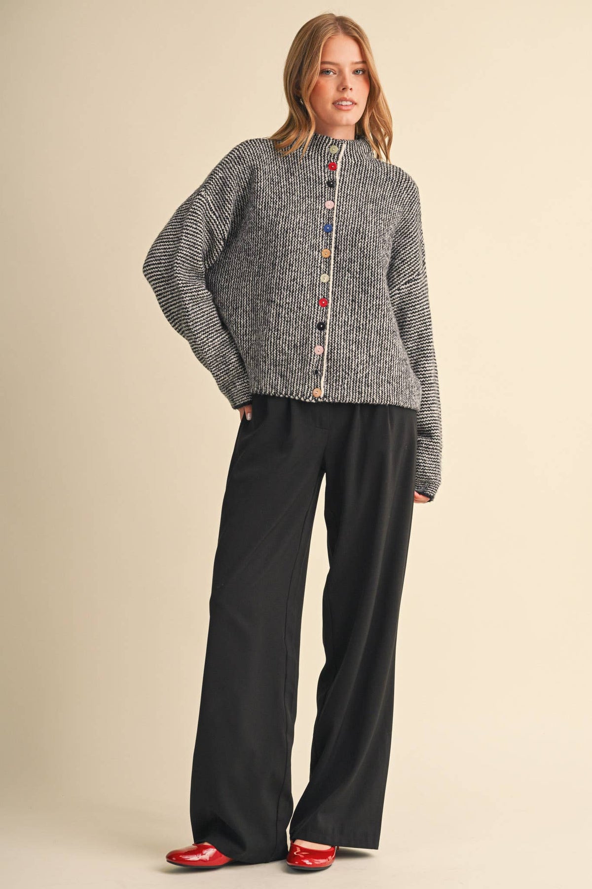 STRIPED SWEATER CARDIGAN WITH COLORFUL BUTTONS