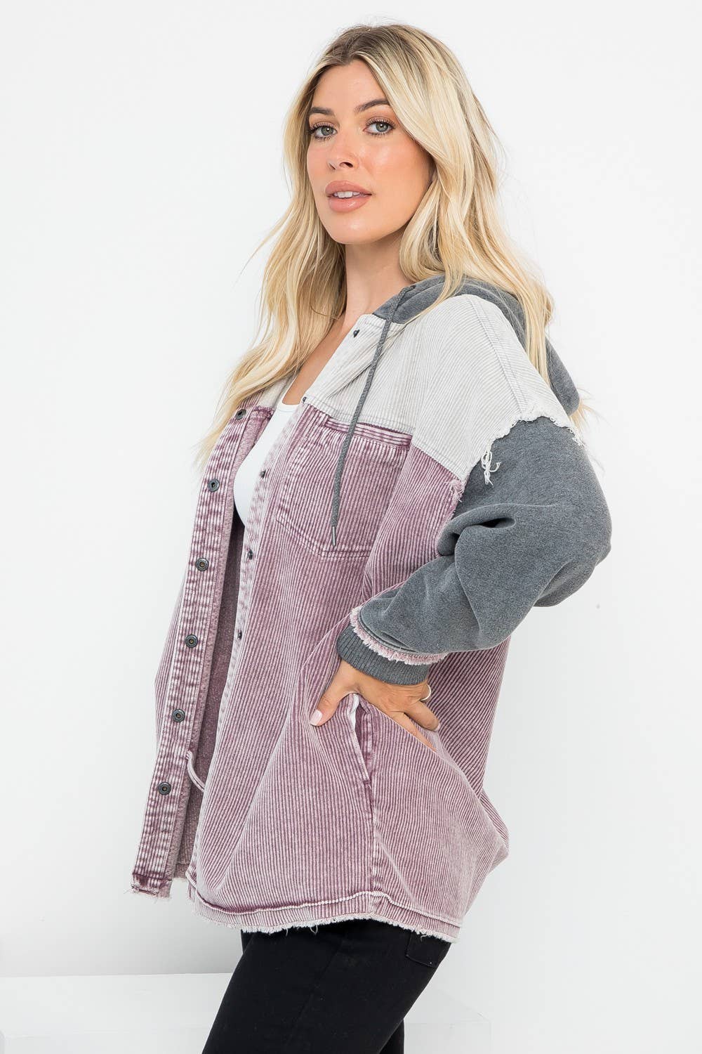 Washed Color Block Hooded Shacket