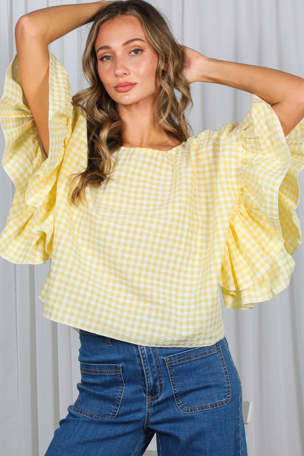 Wild Ruffle Embellished Sleeve Flowy Gingham Top