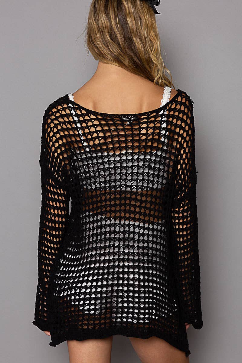 Dropped Shoulder Open Knit Boat Neck Sweater