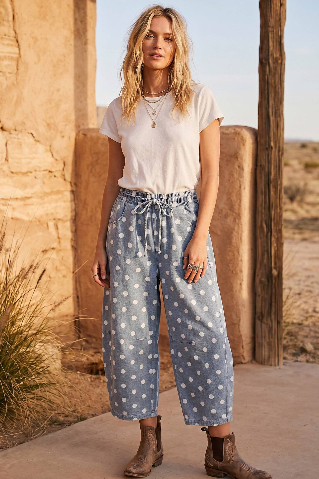 Oversized Polka Dot Denim Barrel Pants