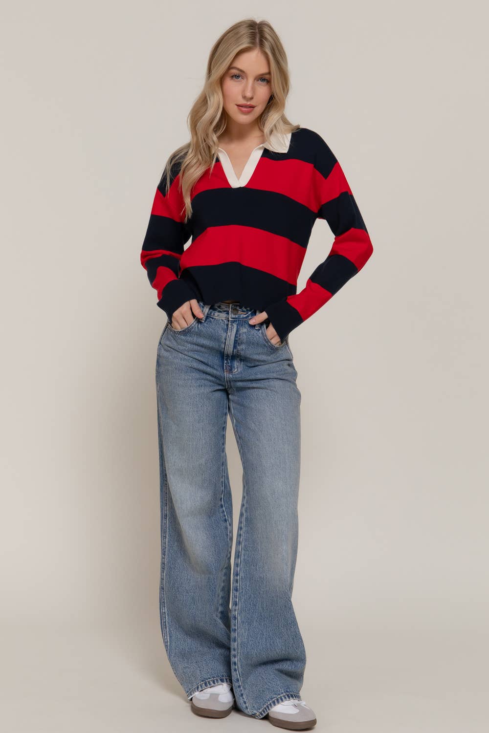 Long Sleeve Rugby Stripe Polo Swaeter
