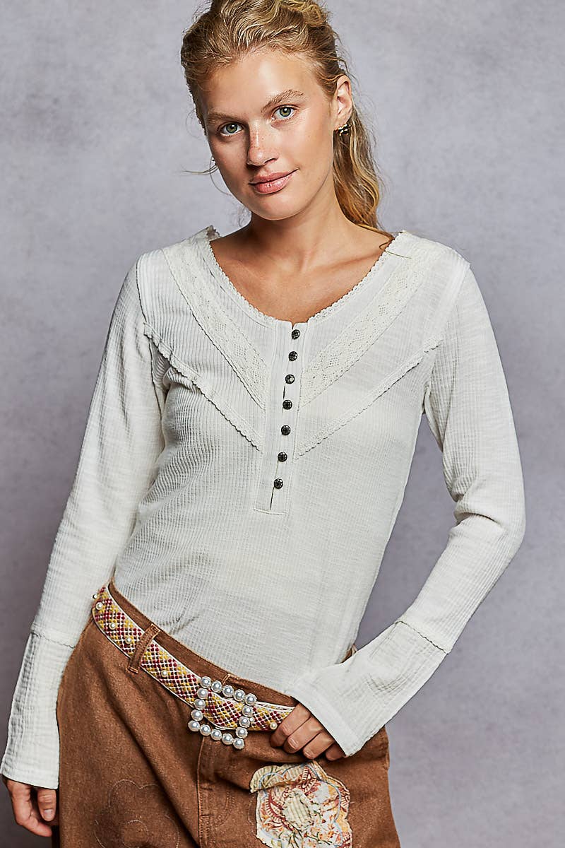 Long sleeve double gauze solid knit rib top
