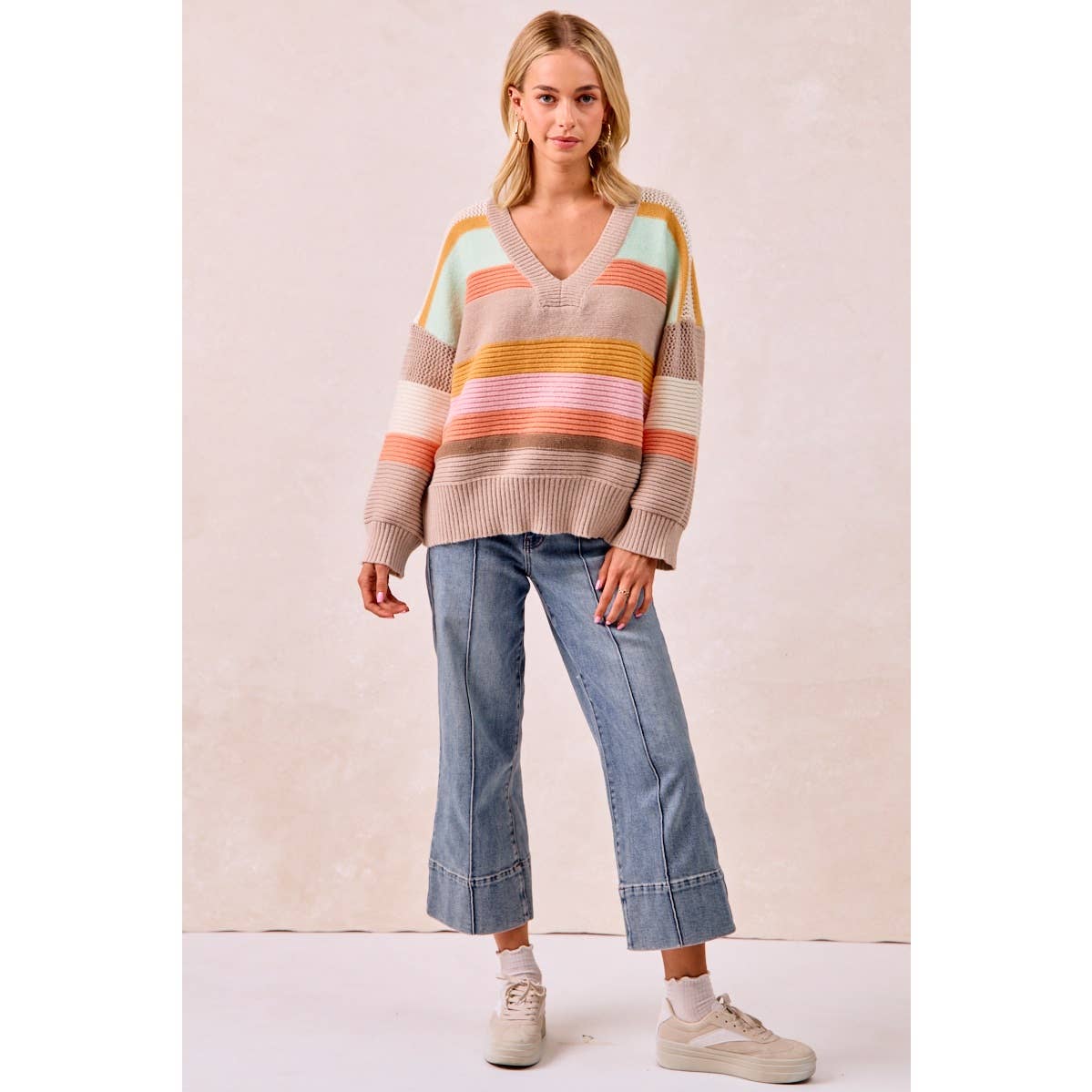 MULTI COLORS STRIPES RIB BANDED V-NECK SWEATER TOP