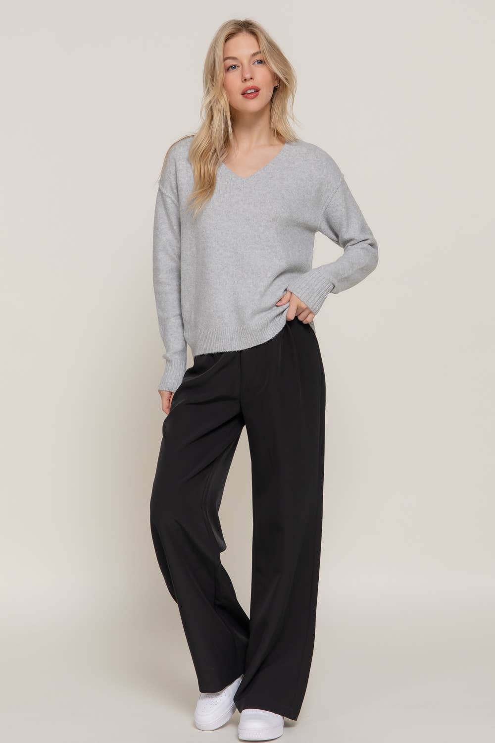 Long Sleeve V-Neck Raised Seam Detail Sweater