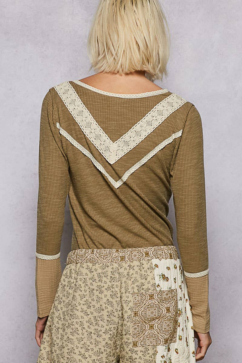 Long sleeve double gauze solid knit rib top