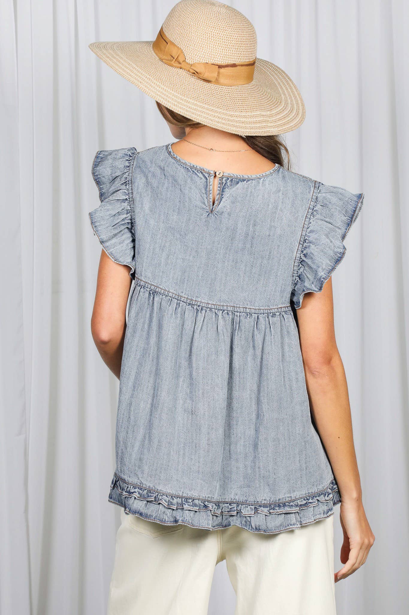 Ruffle Accent Short Sleeve Chambray
