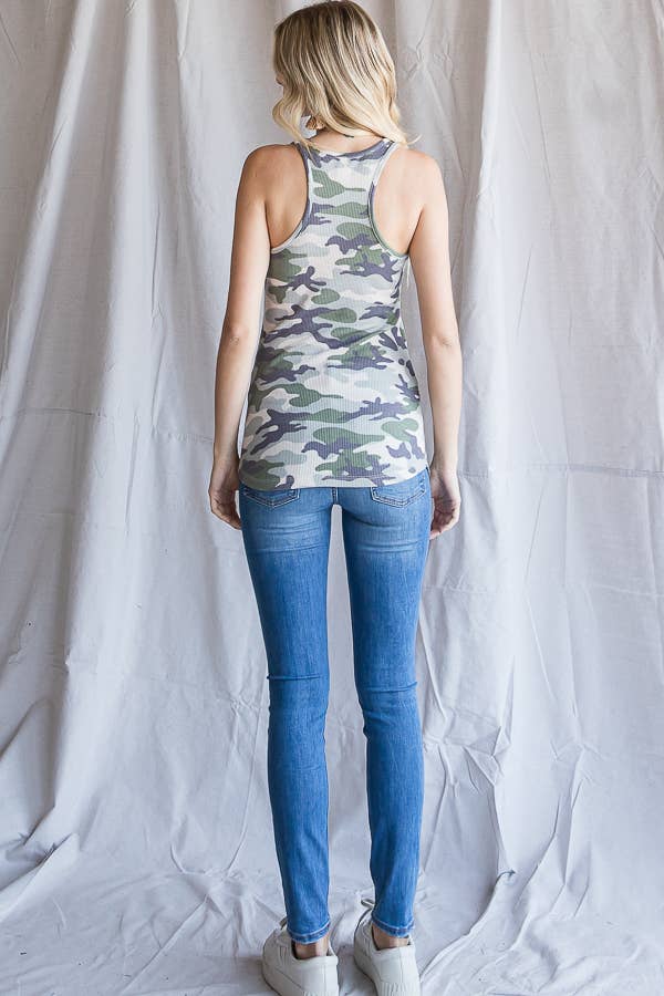 Camo Print Scoop Neck Button Front Tank Top T4245