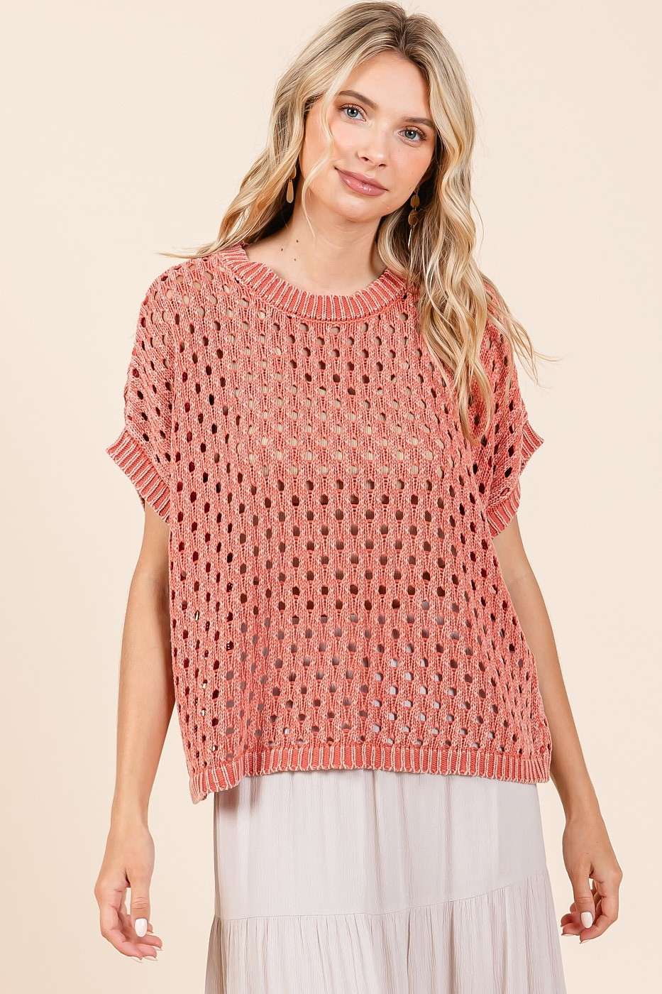 MINERAL WASH OPEN KNIT SHORT SLEEVE SWEATER TOP