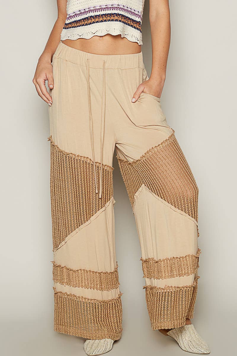 Contrast see through elastic waist knit culottes pants