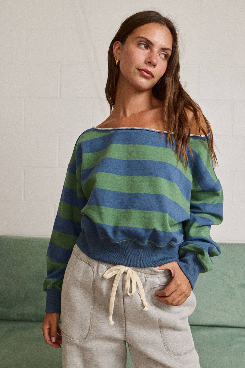 Off-shoulder Rugby Stripe Cropped Sweatshirt