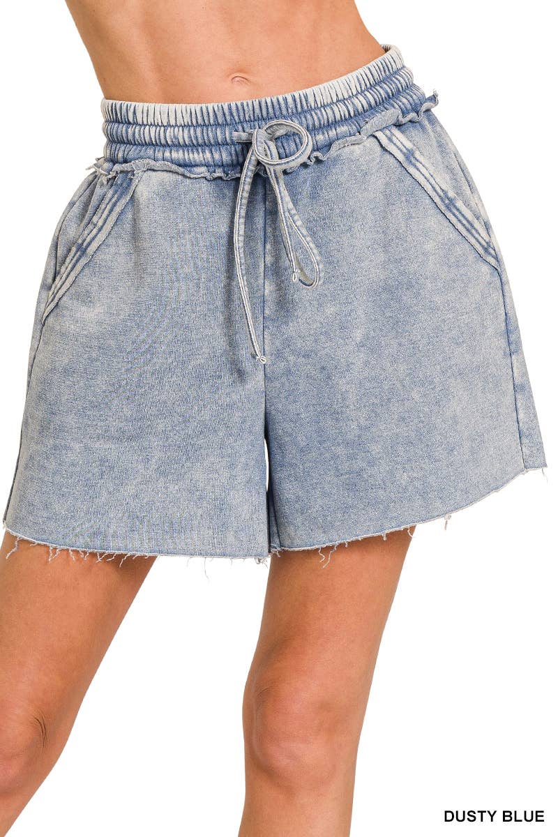 .Acid Wash Elastic Waistband Fleece Shorts