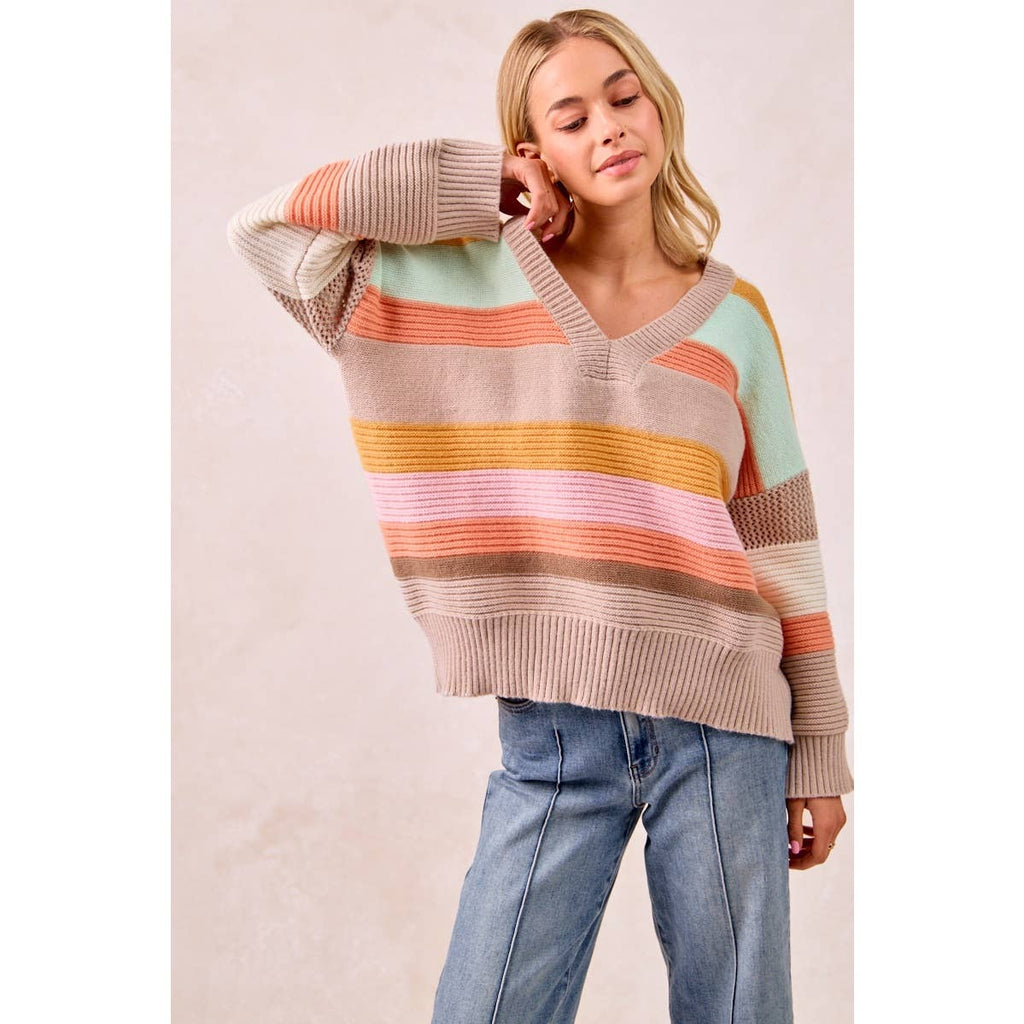 MULTI COLORS STRIPES RIB BANDED V-NECK SWEATER TOP